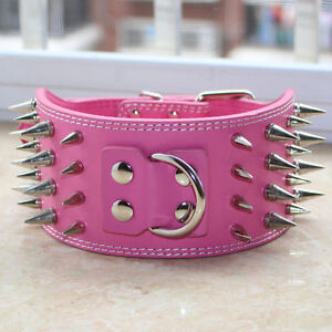 3 inches wide Leather 4 Rows Spiked Studded Dog Collar for Pit Bull Terrier