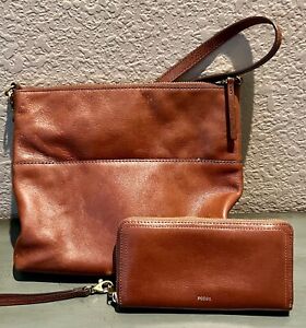 FOSSIL FIONA BROWN LEATHER CROSSBODY HANDBAG With Matching Wallet
