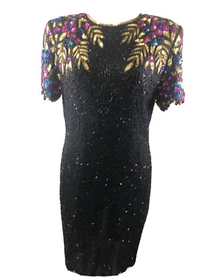Stenay Vintage 14 Dress Beaded Silk Sequin 90s Black Glam Cocktail Holiday Party - Image 1 of 4