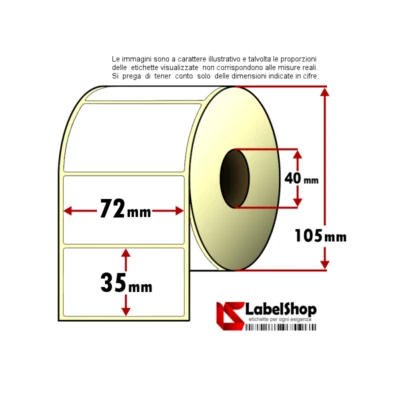 Rotolo da 1500 etichette adesive mm 72x35 Termiche 1 pista anima 40 - Immagine 1 di 2