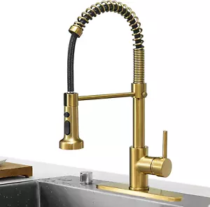 Brushed Gold High Arc Spring Kitchen Faucet with Pull down Sprayer, Commercial R - Picture 1 of 7