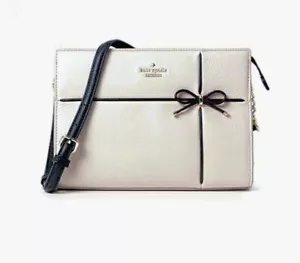 Kate Spade Cherry Street Phoebe Pebbled Leather Bow Cement & Black Shoulder Bag - Picture 1 of 6
