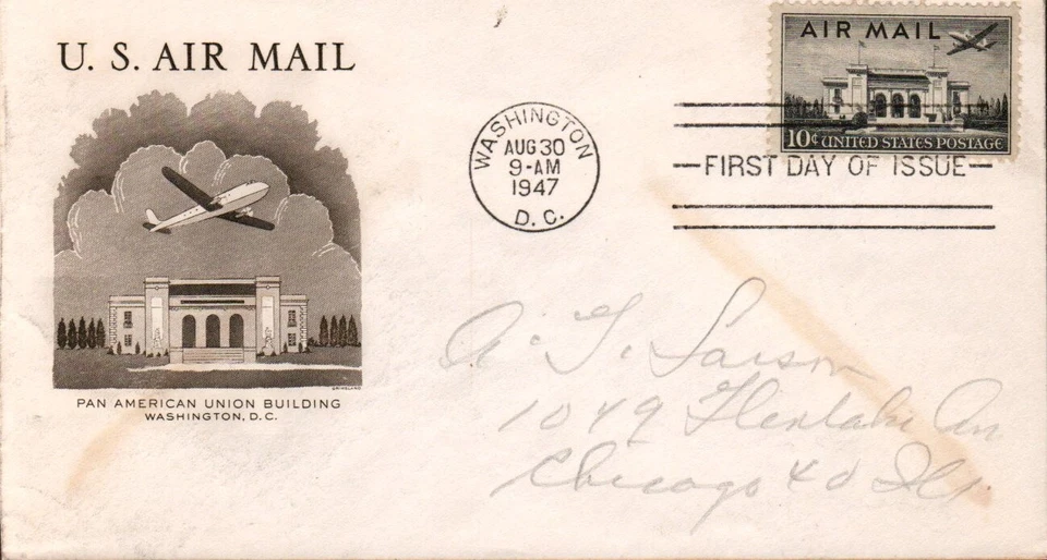 SCOTT#: C34 PAN AM BLDG 10¢ AUG 30 1947 WASHINGTON DC FIRST DAY COVER FDC BX7 - Image 1 of 1