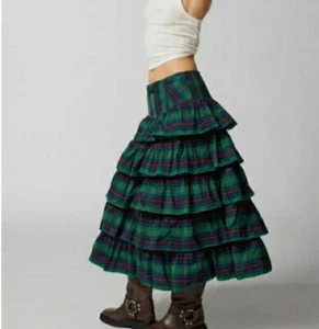 Urban Outfitters Midi Skirt Rainee Tiered Holiday Green Plaid Preppy Sz L NWT - Picture 1 of 12