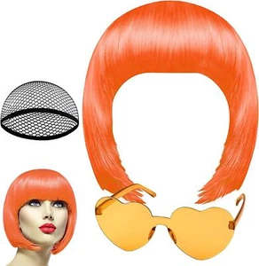 ORANGE BOB WIG FANCY DRESS HEN PARTY DISCO COSTUME FUN ROLE PLAY HEART GLASSES - Picture 1 of 1