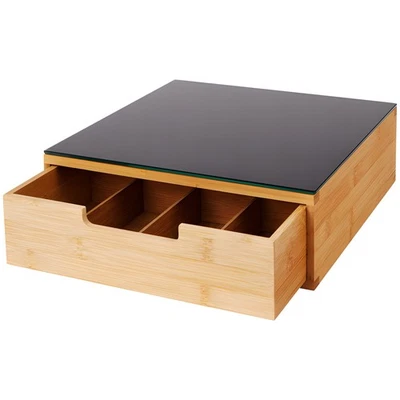 Organizer Porta Cialde in Bambù con Vetro Temperato 4 Scomparti Cassetto per Cia - Immagine 1 di 4