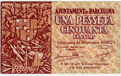 ☆ SPAIN CIVIL WAR 1937 • BARCELONA 1.5p MUNICIPAL ☆ GUERRA CIVIL ESPAÑOLA ☆D1418 - Image 1 of 2