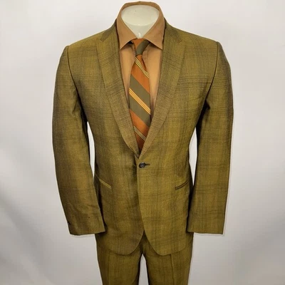 Vtg 50s 60s Suit Mens 40 Short Jacket 34 28 Pants Gold Plaid Madmen Rat Pack MCM - Image 1 of 4