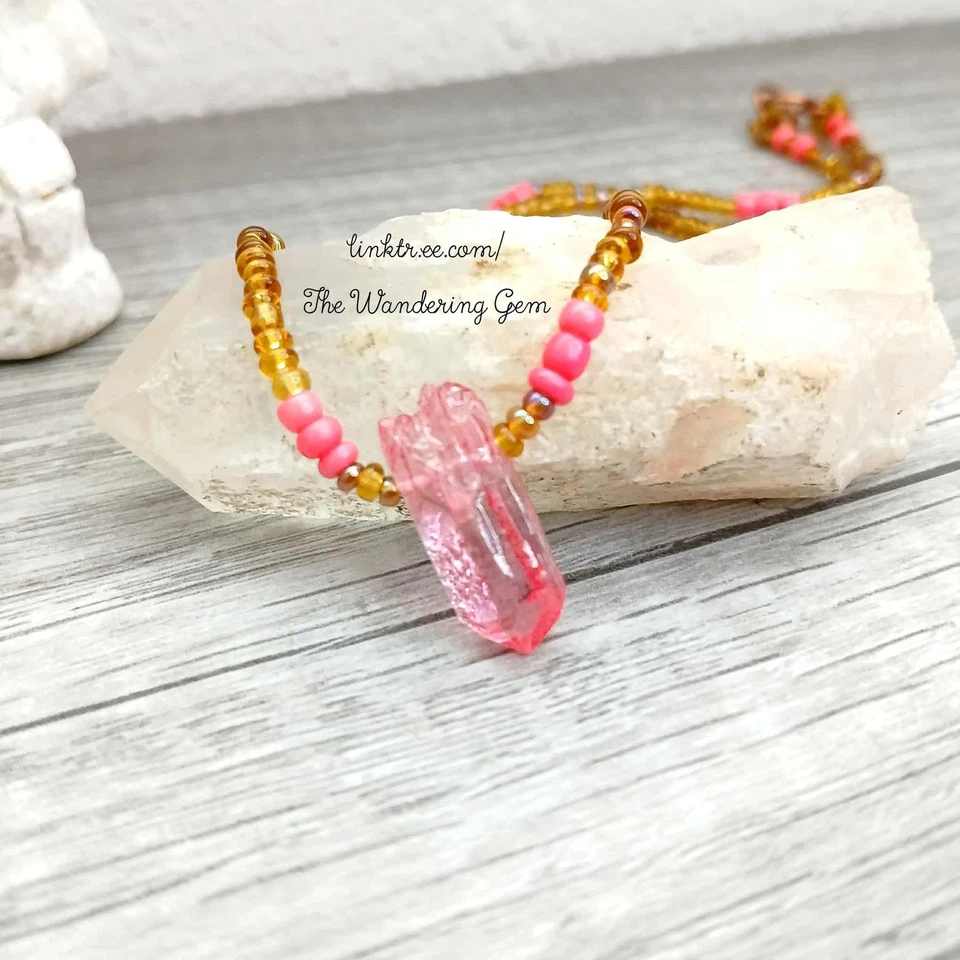 Delicado collar gargantilla con cuentas de cristal de cuarzo rosa, 14" Foto 1 de 4