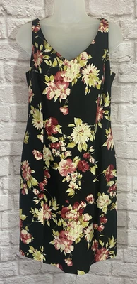 JONES NEW YORK Dress 10 Linen Silk Blend Lined Zip Black Floral Vintage Feminine - Image 1 of 4