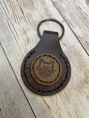 Handmade Leather Keychain Fob Cat Face Brown Kitty Kitten - Image 1 of 3