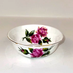 Miniature Porcelain Bowl Washbasin White Pink Rose 3" W 1/2" H Gold Trim Vintage - Picture 1 of 8