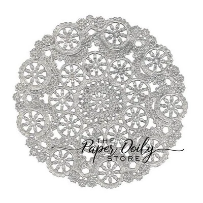 Tapetes de papel de encaje medallón de lámina metálica plateada de 100 - 4" | Posavasos plateados Foto 1 de 2