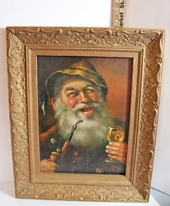 Vintage Lachender Fischer Kunstdruck verzierter Goldrahmen signiert - Bild 1 von 7