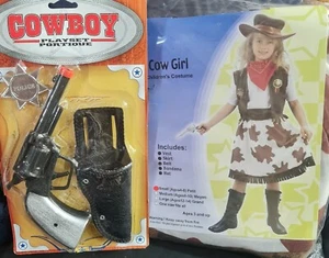 GIRLS SZ Sm-M AGE 4-6 WESTERN COWGIRL COSTUME + BADGE / TOY GUN & HOLSTER - Picture 1 of 6