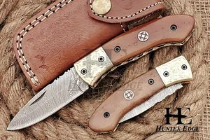 HUNTEX Custom Handmade Damascus 110mm Long CamelBon Hunting Folding Pocket Knife - Picture 1 of 7