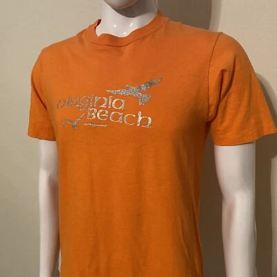 Camiseta para hombre rara de colección años 70 80 Virginia Beach naranja con gráfico de oropel pegajoso M Foto 1 de 4