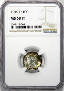 1949-D ROOSEVELT DIME ~ SUPER GEM UNC. RAINBOW TONED FULL TORCH! NGC MS68FT! - Picture 1 of 4