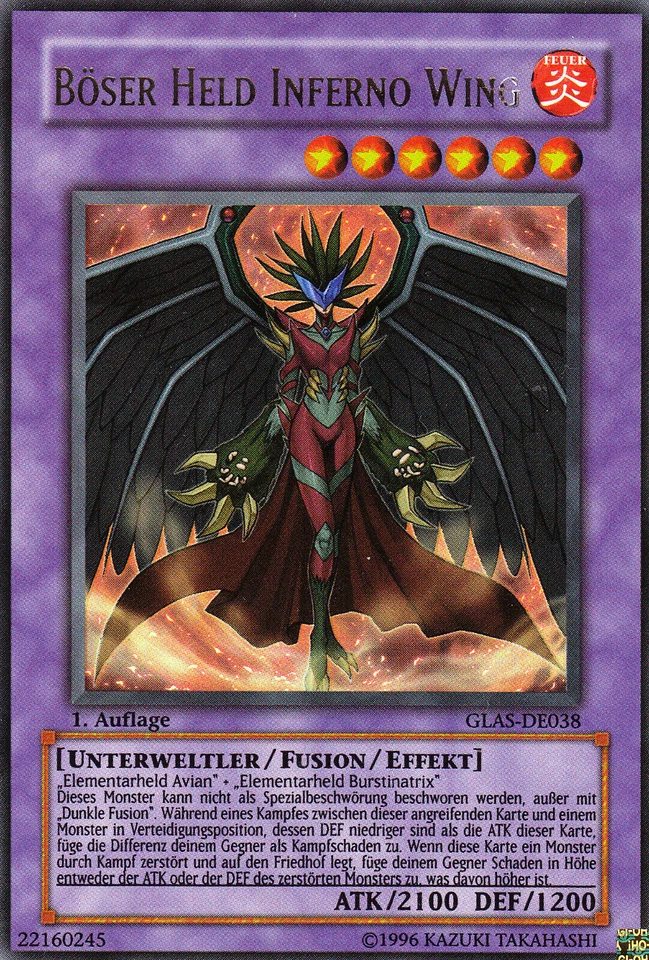 Yu-Gi-Oh! Böser Held Inferno Wing GLAS-DE038 Ultra Rare 1. Auflage NM - Bild 1 von 1