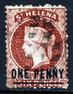 ST. HELENA QV 1864 ONE PENNY Surcharge on 6d. Lake P.12½ Wmk Crown CC SG 6 VFU - Picture 1 of 2