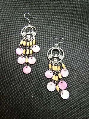 Süße Sommer Ohrringe Hänger Ohrhänger Perlmutt rosa silber Bambus 10 cm Blüten - Bild 1 von 3