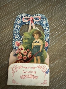 VTG 1920s Mechanical Valentine, Pop Out, Standing, Young Girl Child, Pink Roses - Picture 1 of 9