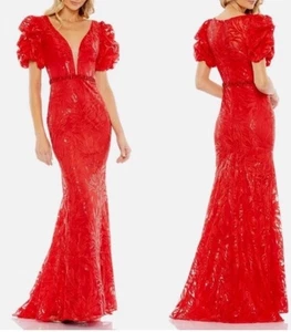 Abito rosso Mac Duggal 12421 impreziosito manica a sbuffo collo a tuffo tromba taglia 6 - Foto 1 di 10