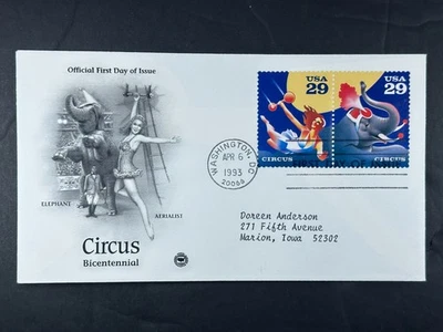 US FDC 1993 Circus Bicentennial Elephant & Aerialist 29¢ Pair ArtCraft a921 - Image 1 of 2