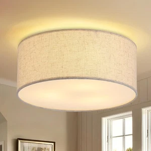 12,6" moderne deckennahe Leuchte mit Leinenstoff Trommelschirm, 3-flammige Halb... - Bild 1 von 7