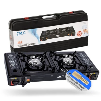 ZMC Campingkocher 2 flammig Outdoor Camping Gaskocher Grillplatte +Gaskartuschen - Bild 1 von 4