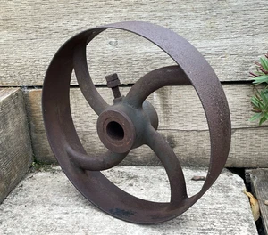Vintage Large Industrial Cast Iron 14" Wheel Pulley Cart Flywheel Garden Display - Picture 1 of 9