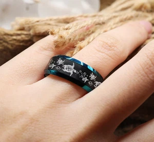 Unisex Adults Tungsten Black Swimming Sea Turtle Minimal Wedding Ring Band - 8mm - Picture 1 of 3