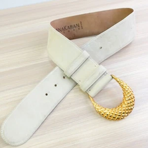 80s Vintage DONNA KARAN Waist Belt Womens XS White Leather Gold Buckles Chunky - Picture 1 of 18