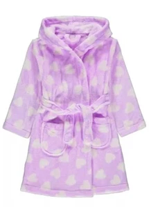 Dressing Gown Girls Hooded Robe Heart Print Pockets Purple Pink Tie Front Snug - Picture 1 of 21