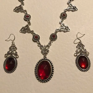 ELEGANTE JUEGO DE COLLAR PL PRINCESA GRACE FILIGRANA ESTILO VICTORIANO ROJO PLATA PGS - Imagen 1 de 9