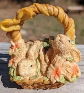 Bunny Family In A Small Floral Ceramic Wicker Basket Great For Easter - Picture 1 of 13
