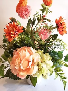 Peach peony and green hydrangea arrangement, silk floral, silk flower - Picture 1 of 7