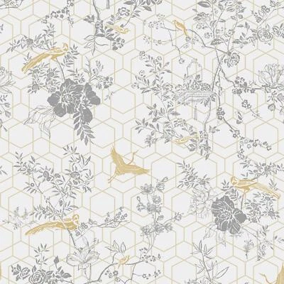 Papel Pintado Geométrico Muriva Lipsy Himara Pájaros Metálicos Flores Gris/Dorado 144072 Foto 1 de 4