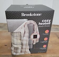 Brookstone PLUSH Ivory with Brown Black square Electric Heated Throw Blanket