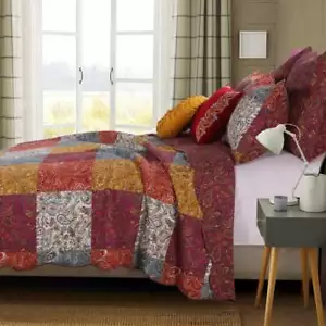 ¡NUEVO! ~ COZY CHIC GRIS AMARILLO PÚRPURA ROJO PATCHWORK BORGOÑA LODGE JUEGO DE EDREDONES SUAVES - Imagen 1 de 3