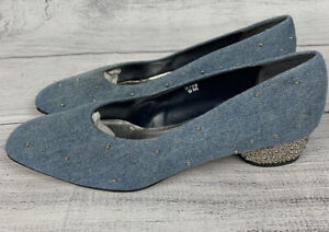 Vintage Retro J Renee Studded Blue Denim Loafer Slip On Shoes Silver Heel 9M