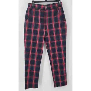 Hollister Women's High Rise Ankle Red Navy Plaid Pants Size Medium Stretch - Picture 1 of 9