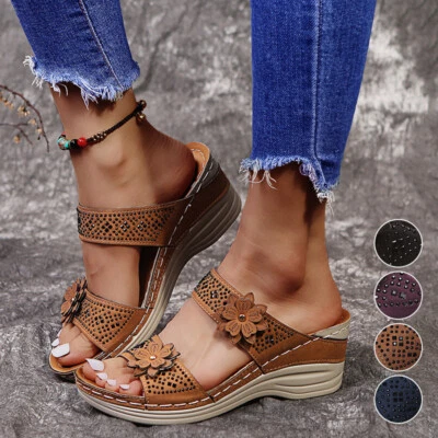 Womens Summer Wedge Heel Sandals Casual Slippers Ladies Slip On Shoes Mules Size