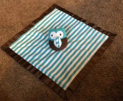 Antigua manta de seguridad para bebé Lovey azul marino verde aguamarina marrón a rayas búho  Foto 1 de 4