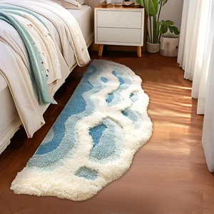 2X6 Feet Shag 3D Stereo Wave Moss Bedside Rug 23"×72" Cute Navy Blue Runner Rug - Picture 1 of 9