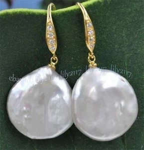 Huge 20-22mm Genuine Natural White Freshwater Flat Coin Pearl Dangle Earrings - Picture 1 of 6