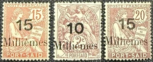 Très beaux n°s 63, 64 et 65 de Port-Said "10 millièmes et 15 millièmes sur 2c bl - Picture 1 of 2