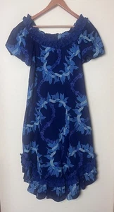 Vintage Jane M Blue Floral Hawaiian Puff Sleeve Muumuu Dress Women Sz 10 Medium - Picture 1 of 9