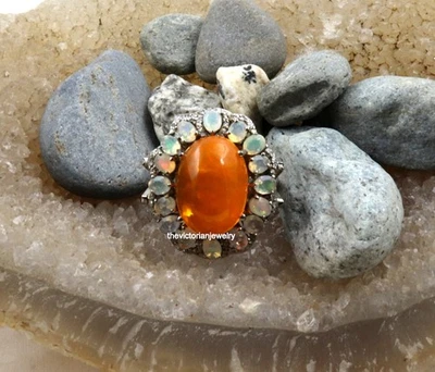Anillo de plata maciza 925 diamante corte único ópalo de fuego blanco ópalo de fuego naranja regalo Foto 1 de 4
