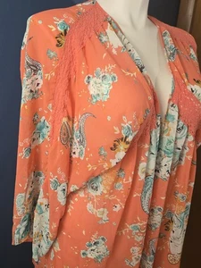 Torrid Chiffon Lace Open Front Orange Turqoise Kimono Cover Up Duster Sz 3/4 - Picture 1 of 7